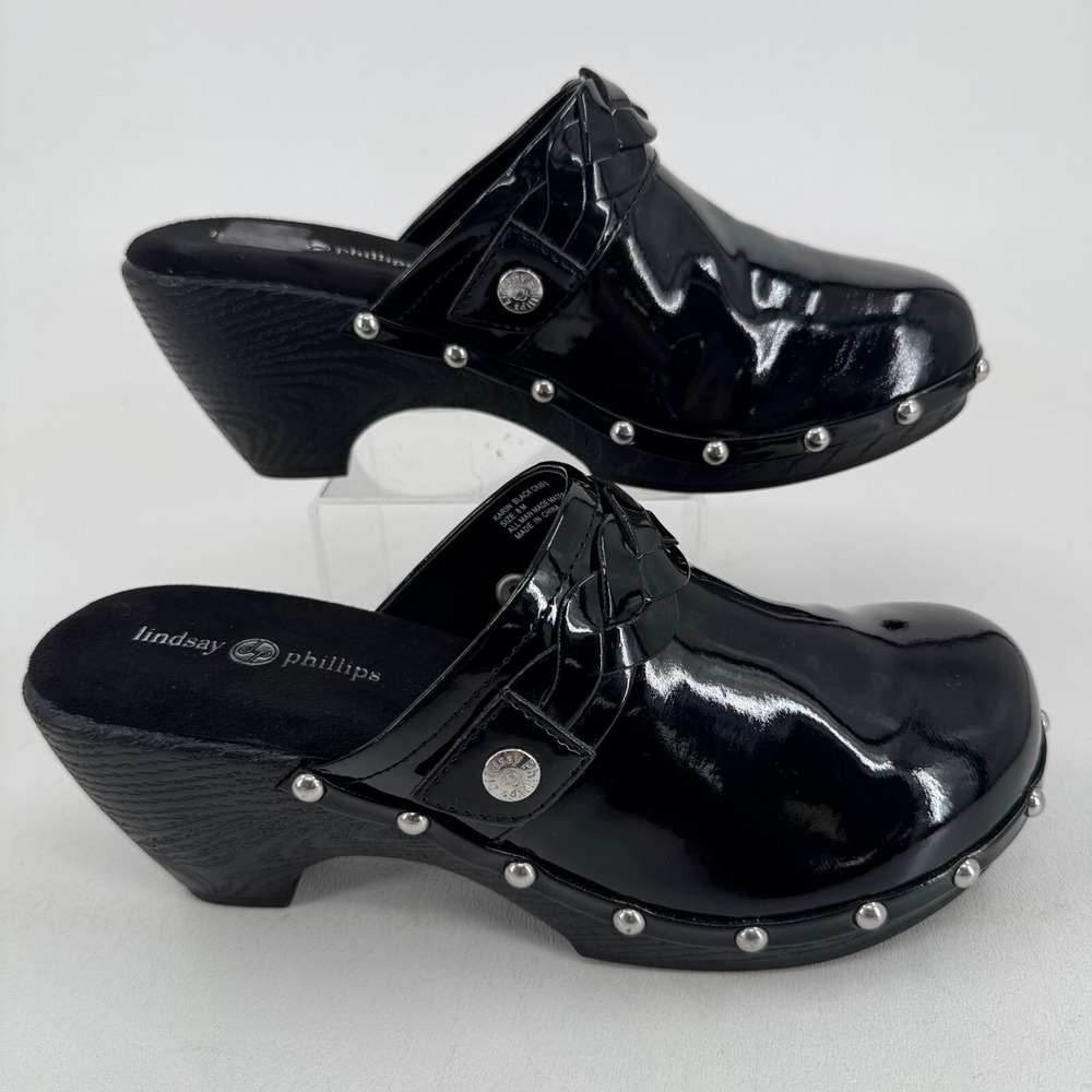 Lindsay Phillips Karin WOMENS Shiny Black Slip On Clogs Mules Shoes SIZE 8